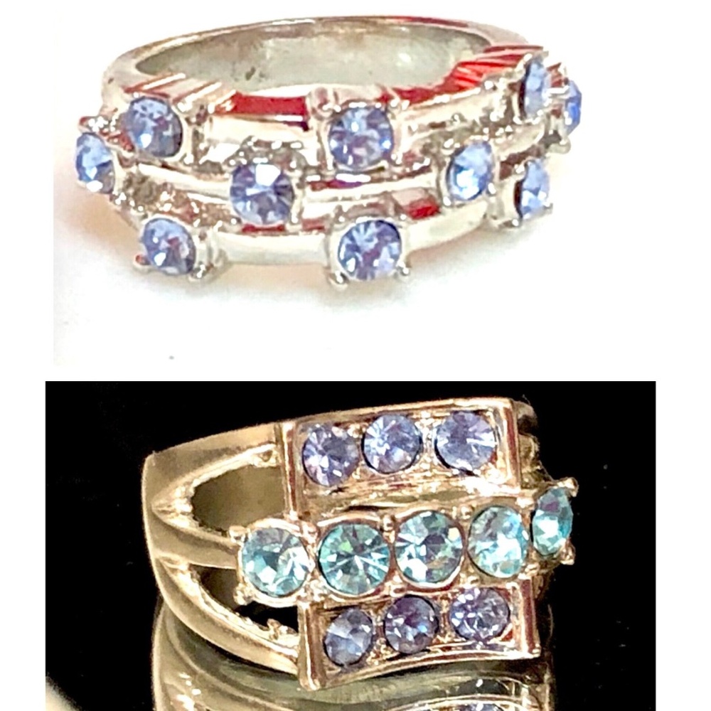 3/$32 Lot of 2 Silver/Blue Rhinestones 3 Row Sparkle Fashion Rings~Sz 6.5/6.75